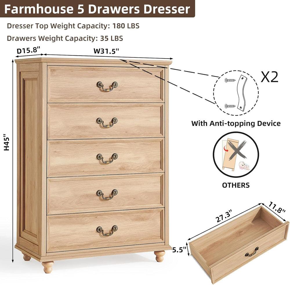 Joaxswe Farmhouse 5 Drawer Dresser for Bedroom, 45" Tall Vinatge Chests ...