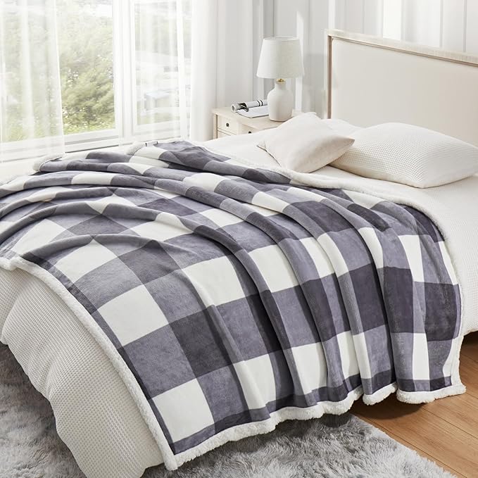 PU MEI Sherpa Blanket Fleece Throw Blanket Full Queen Plaid Thick Bed Blanket - Image 5