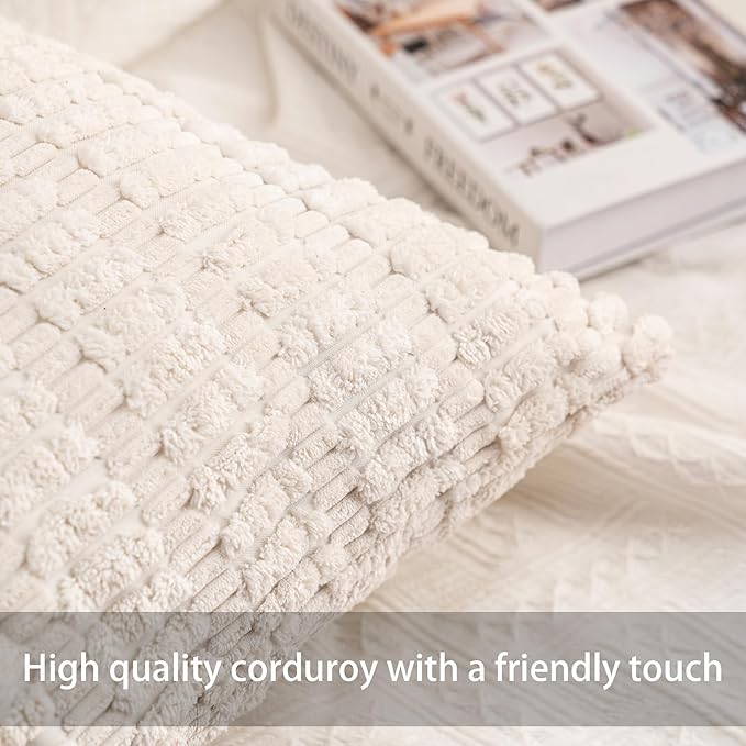 Pack of 2 Corduroy Decorative Throw Pillow Covers 22x22 Inch Soft Striped - Image 2