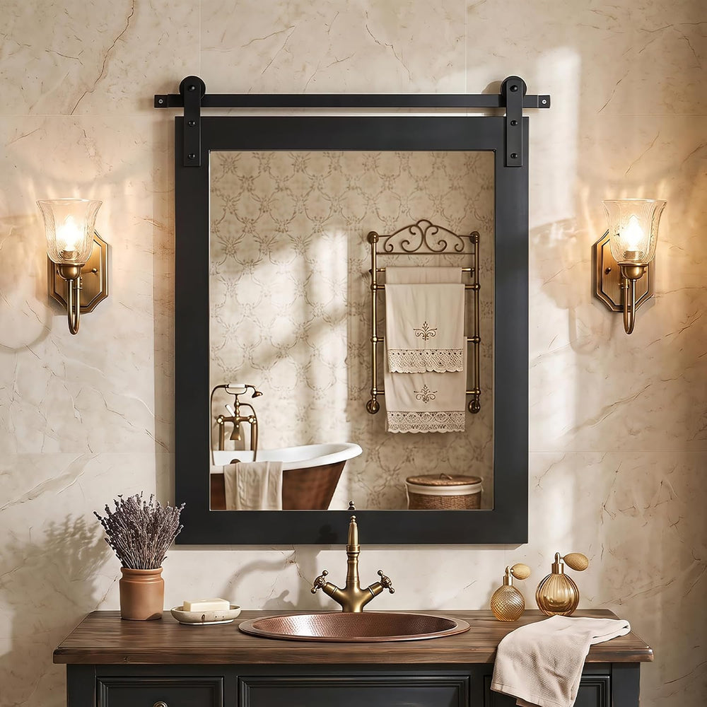 CHARMAID Farmhouse Barn Door Wall Mirror for Bathroom, 29"x23", Black