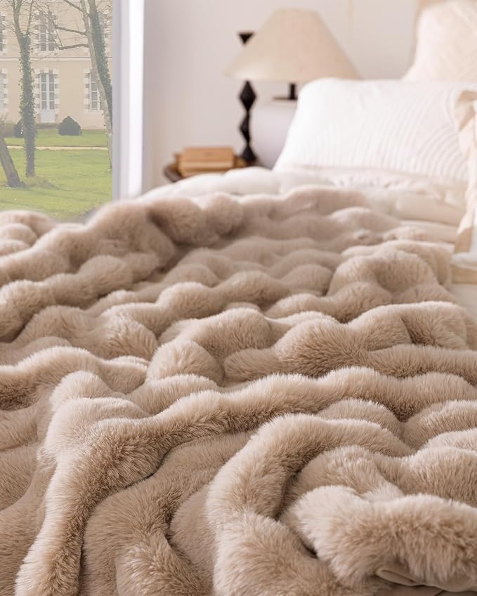 Ultra Soft Cozy Faux Fur Throw Blanket, Fuzzy Plush Thick Bubble Blanket - Image 8