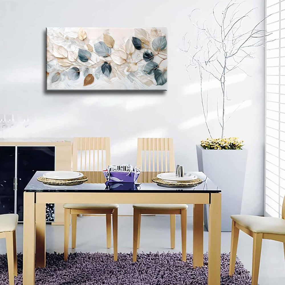 Large Living Eucalyptus Leaf Canvas Wall Art Teal White Botanical Abstract De...