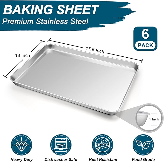 TeamFar Baking Sheet Pan, 6 Pack Stainless Steel Half Size Baking Pans Set