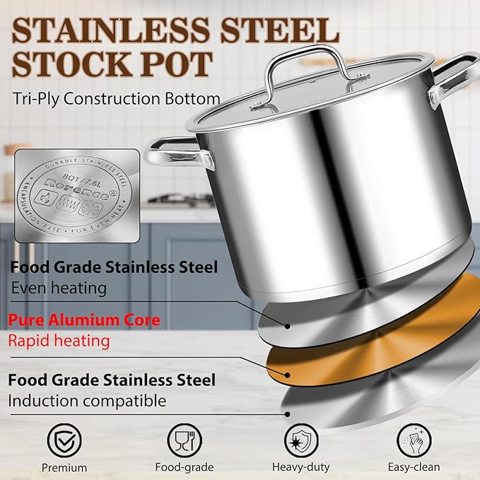 Rorence Stainless Steel Stock Pot, Tri-Ply Base Large Pot Induction Cooking Pot - Image 3