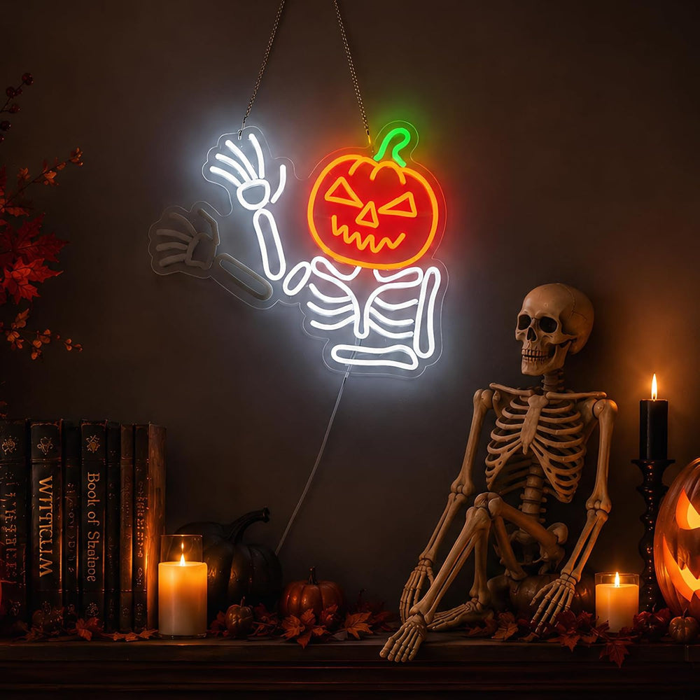 Waving Pumpkin Skeleton Neon Sign, Flashing Halloween Neon Sign, Dimmable Sku...