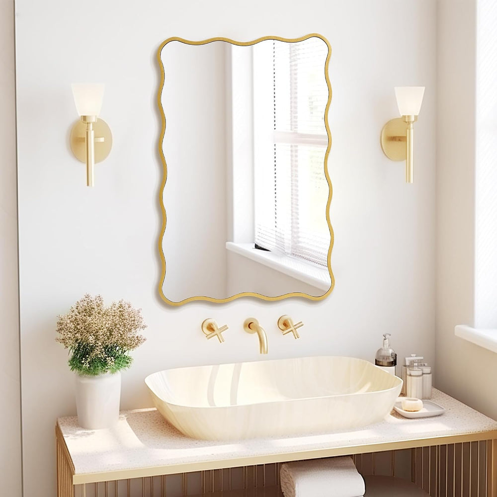 Gold Wavy Bathroom 20x30 Rectangle Scalloped Farmhouse Wall Mirror