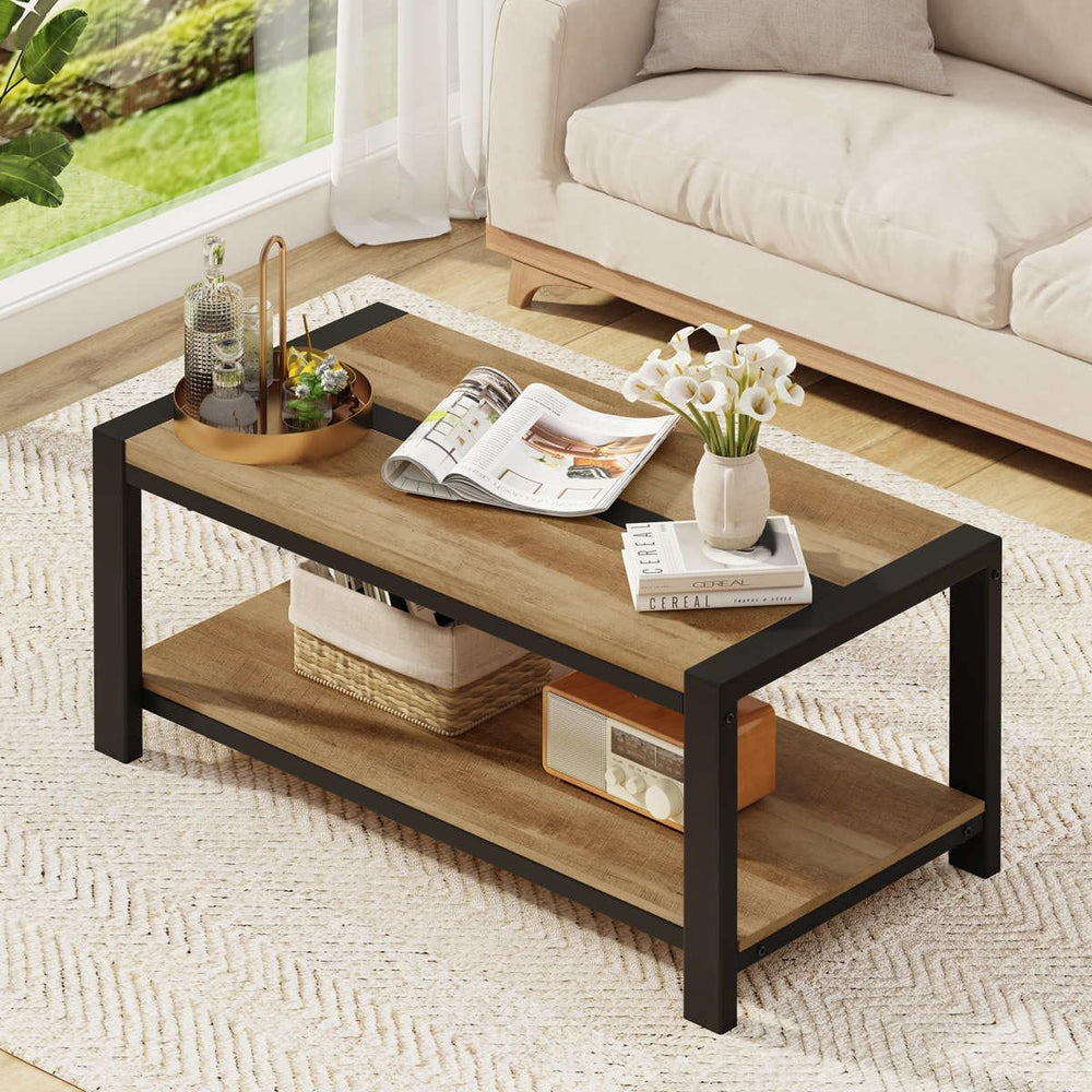 BON AUGURE Coffee Table with 2-Tier Open Shelf, Industrial 43In Vintage Oak