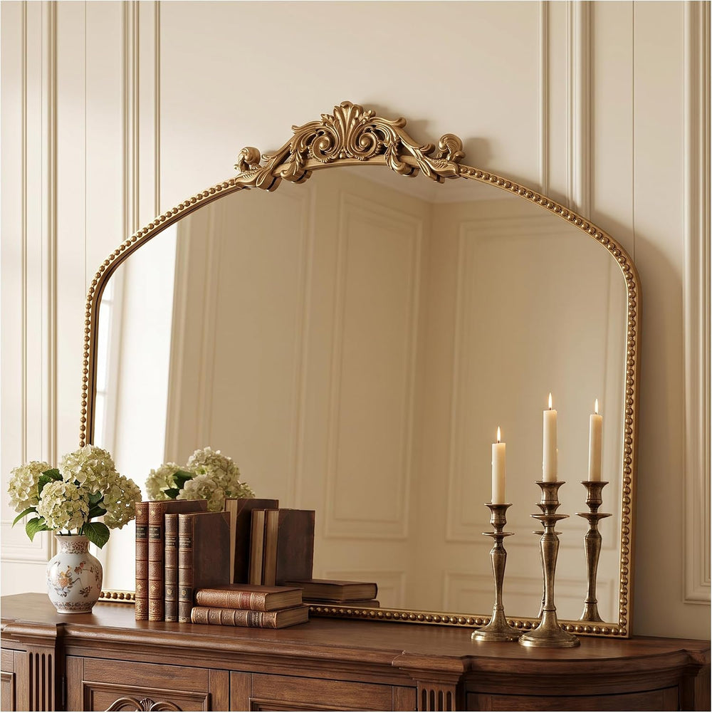 40"x30" Vintage Gold Wall Mirror, Beaded Baroque Mirror