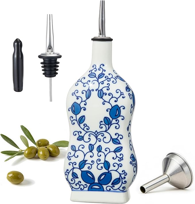 Ceramic Oil Dispenser 16oz, Square Blue and White Olive Oil Bottle by Unknown