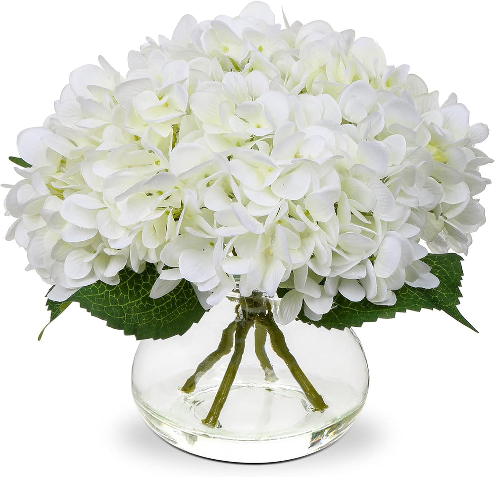 Hollyone Hydrangea Artificial Flowers with Vase White Silk Fake Flowers Arran...