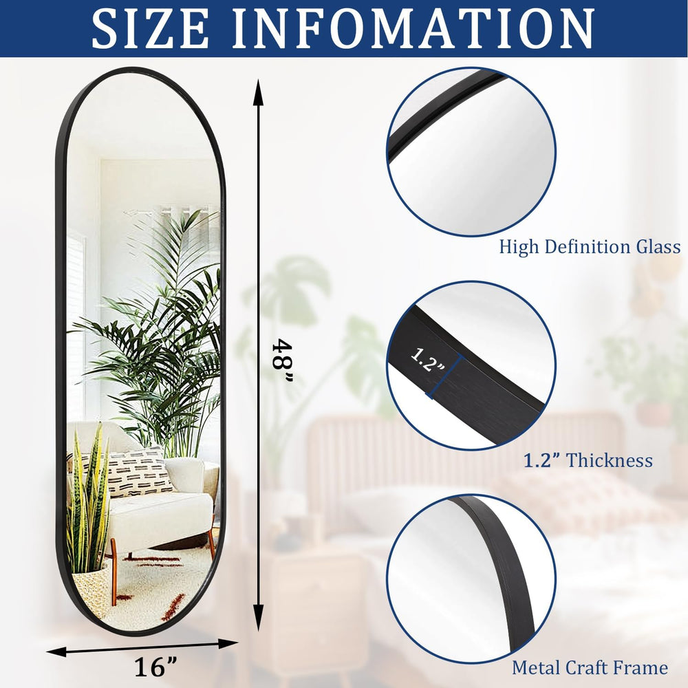 Black Oval Bathroom Full Length Mirror, 48x16'' Pill Shaped Oblong Va...