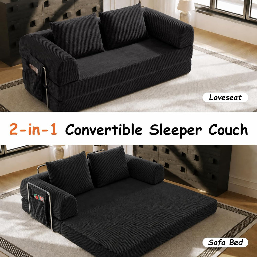 78" Convertible Sofa Bed, Corduroy Pull Out Couch with Fixed Frame &...