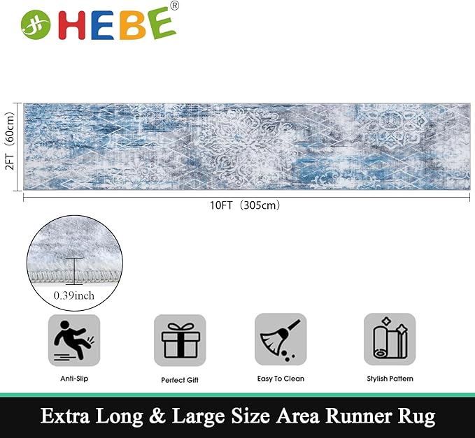 HEBE Hallway Runner Rug 2'x10' Washable Vintage Distressed Area Rugs Non Slip - Image 2