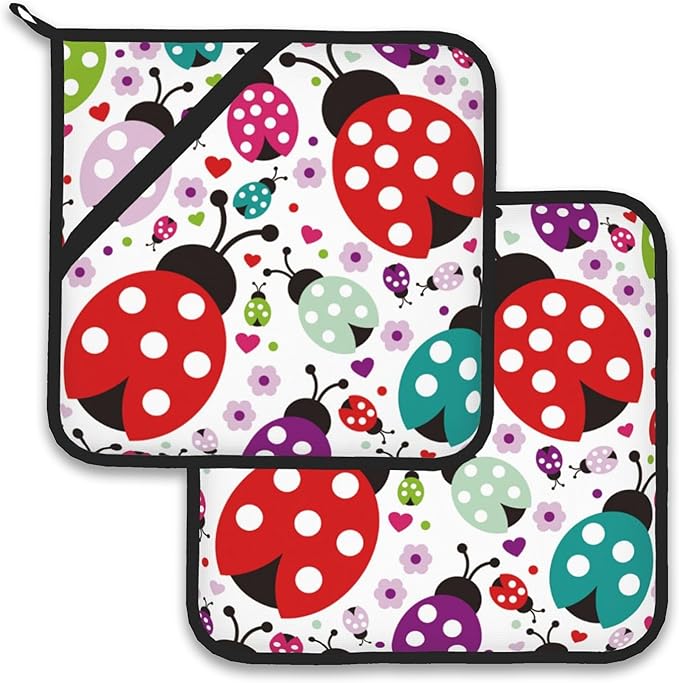 Ladybug Flower Pot Holder Set of 2, Heat Resistant Potholders Oven Hot Pads by Larkverk