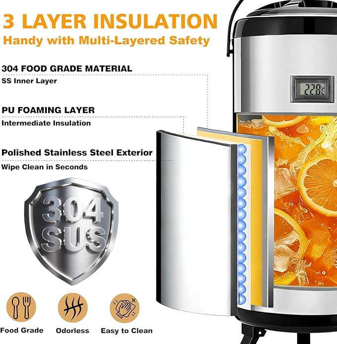 3.2 Gal/12L Non-Electric Insulated Beverage Dispenser, Stainless Steel Thermal - Image 6