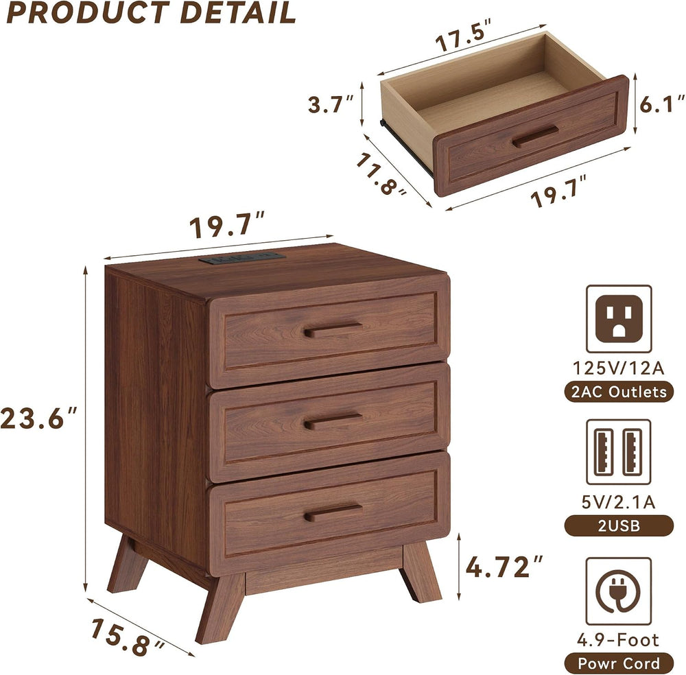 YANSNWO 23.6" Tall Nightstand with Charging Station, 3 Drawers, Walnut