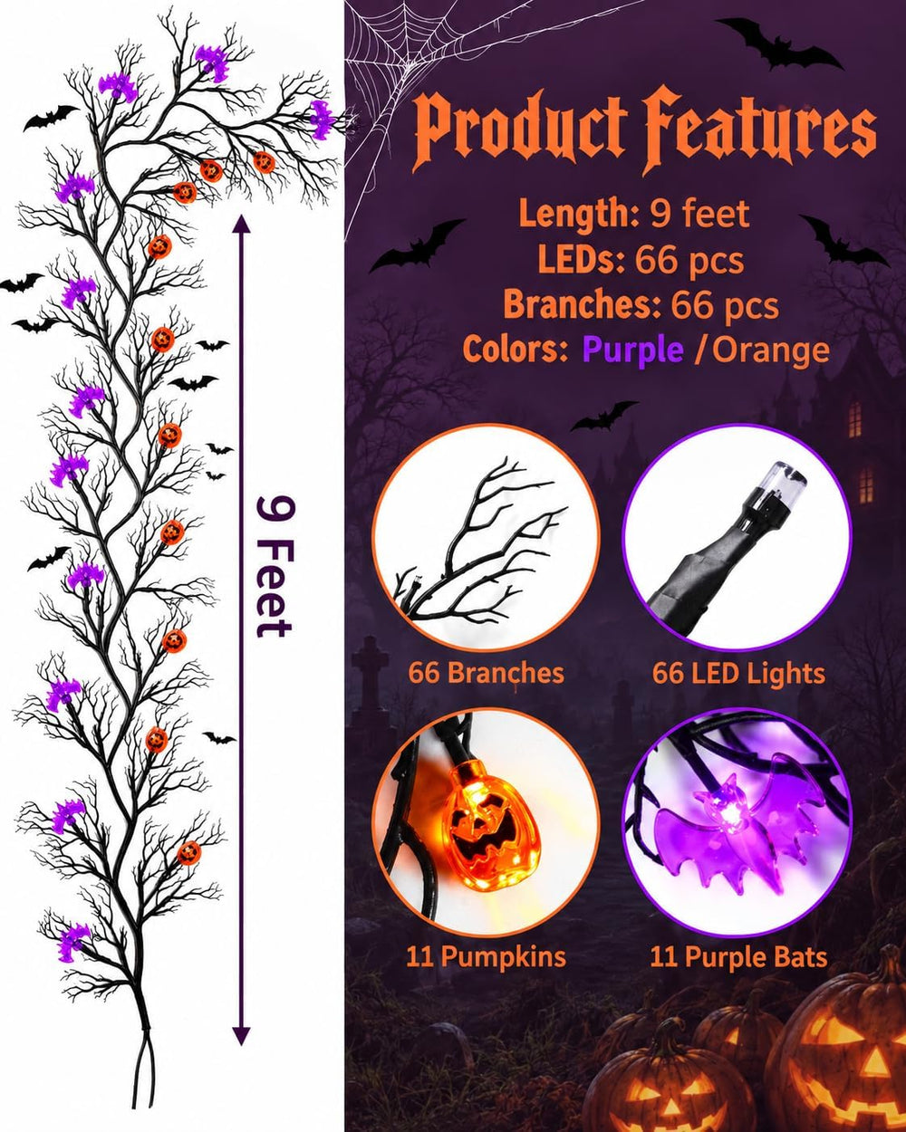 Halloween Twig Garland Decoration with 66 Purple and Orange LED Lights,9 FT
