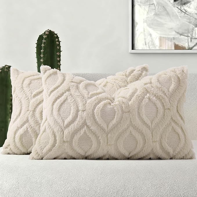 decorUhome Throw Pillow Covers 12x20 Inch Set of 2, Soft Plush Faux Wool Beige by decorUhome