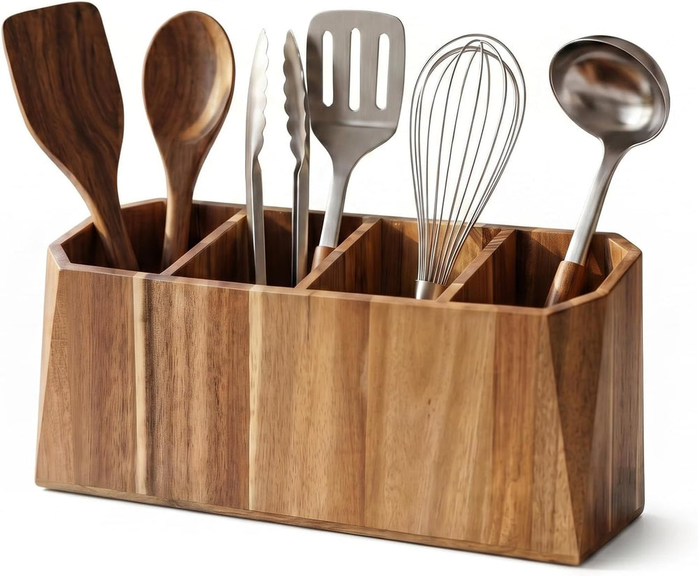 Large Kitchen Utensil Holder for Countertop – Acacia Wood Utensil Organizer