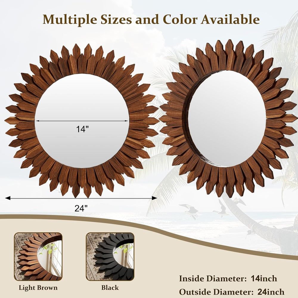 24" Walnut Round Sunburst Wooden Mirror Boho Rustic Wall Decor
