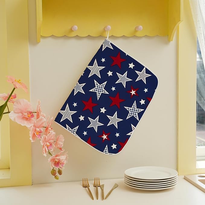4th of July Dish Drying Mat 18x24 Inch Navy Blue Red Stars Patriotic Decor - Image 3