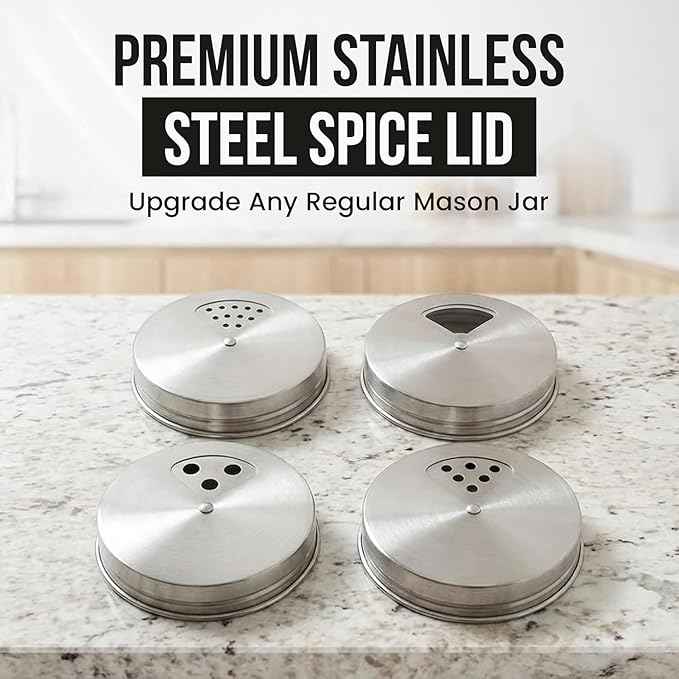 Mason Jar Spice Shaker Lids Stainless Steel – 4 Pack Adjustable Spice Lids - Image 2