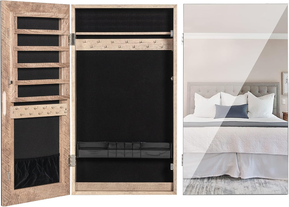 LAVIEVERT Lockable Jewelry Cabinet Armoire w/Frameless Mirror - Wood Grain | ...