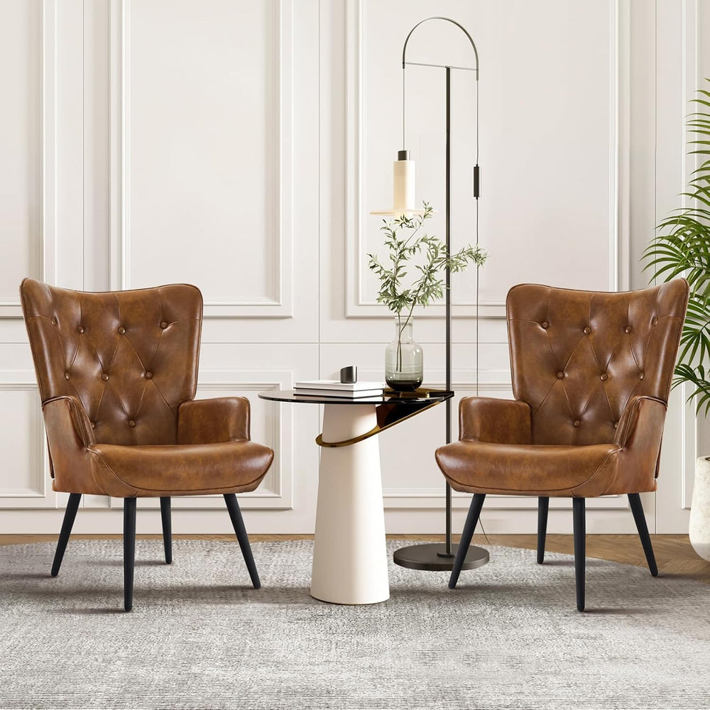 Furnimart Accent Chairs Set of 2, Brown PU Leather Reading Armchair with High...