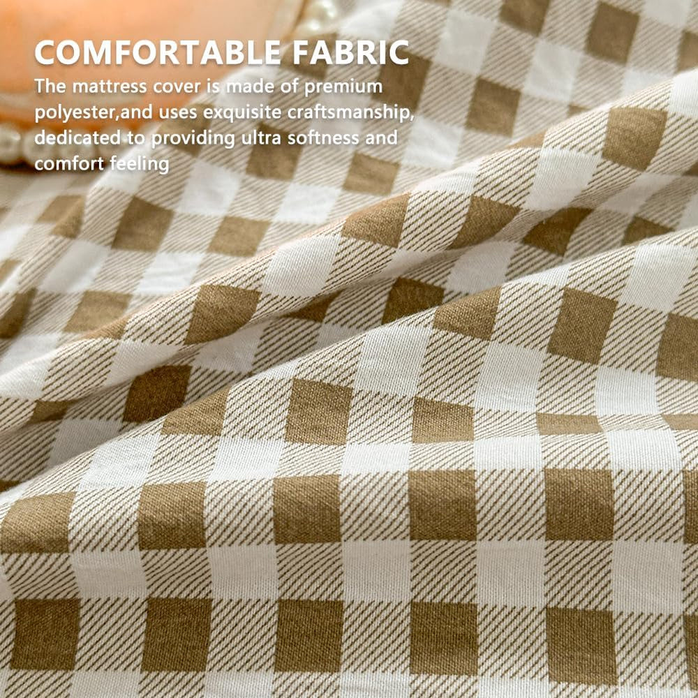 Tan Gingham Queen Japanese Floor Mattress Futon Cover for 3-4" Thick Pad