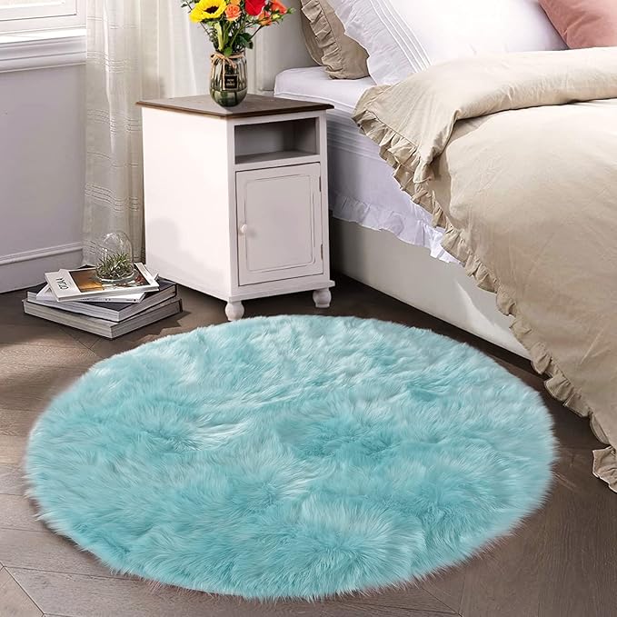 Latepis Large Faux Fur Rug Light Blue Round Rug s6.7ft Circle Fuzzy Plush Rugs by Latepis