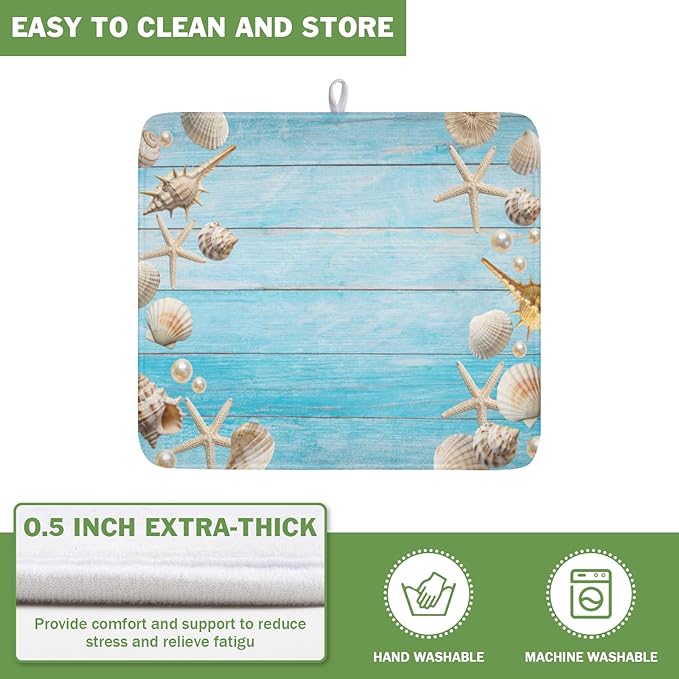 Summer Coastal Dish Drying Mat for Kitchen Counter Seashell Starfish Blue - Image 5