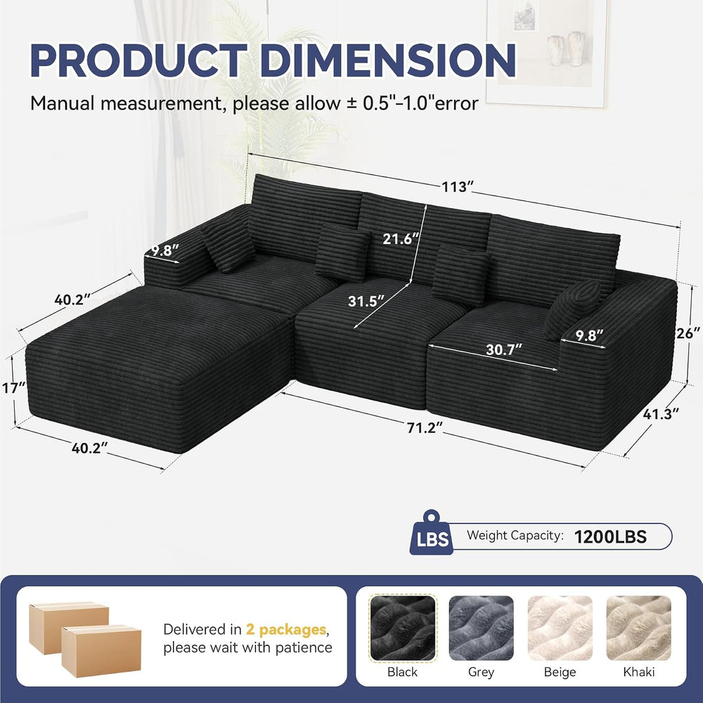 113" L-Shaped Boneless Couch, Modern Modular Sectional Sofa with Deep Se...