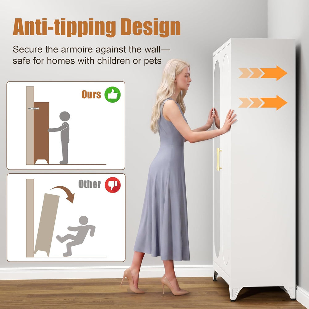 Metal Wardrobe Closet with Mirror Doors and 2 Adjustable Shelves