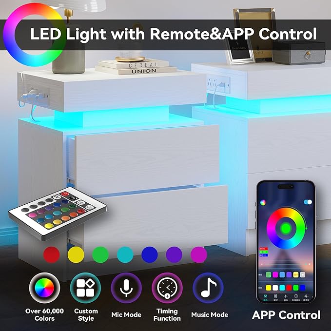 LIKIMIO Night Stand with Charging Station, Modern White Nightstand with LED L...