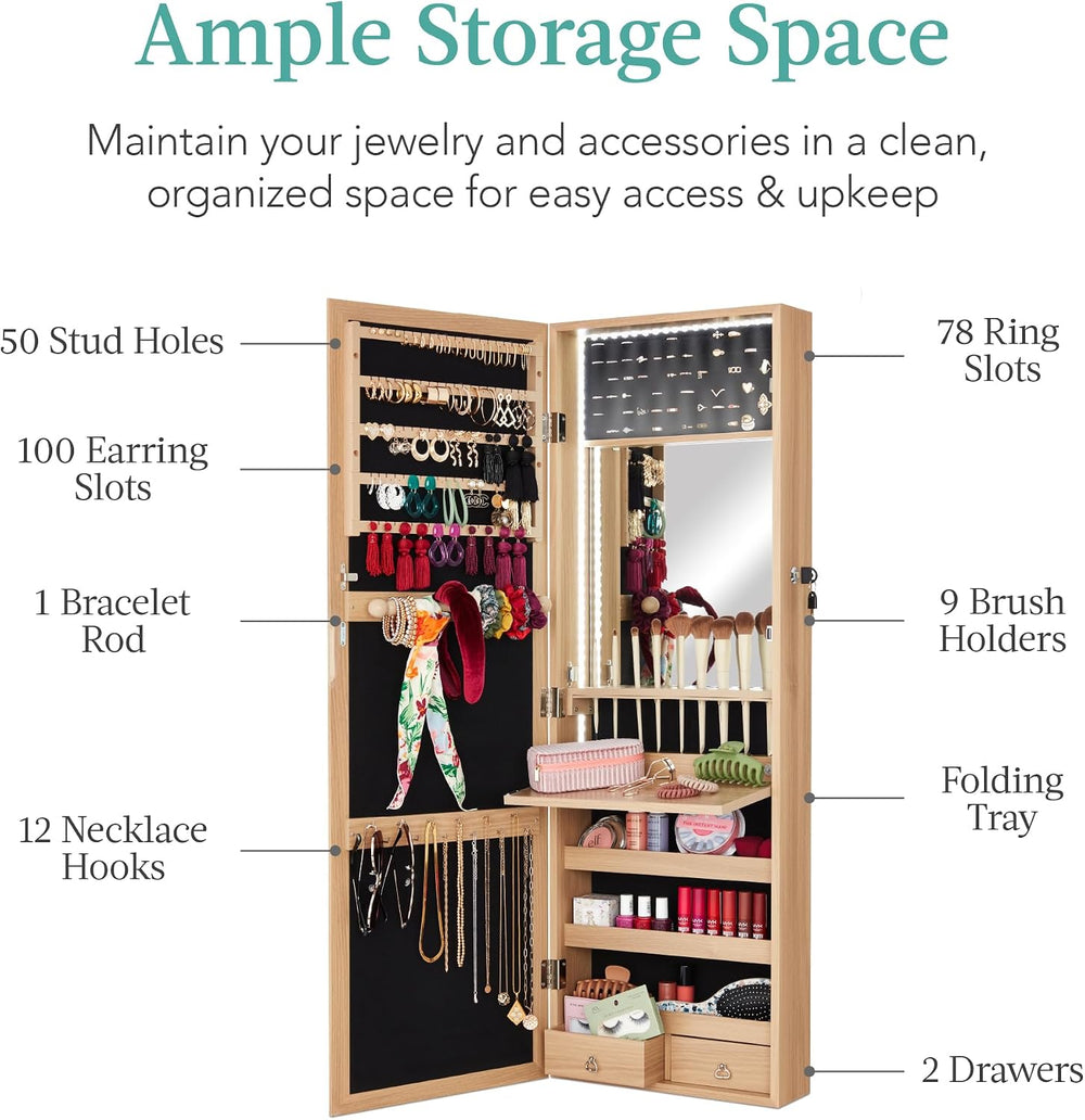 Best Choice Products LED Mirror Jewelry Cabinet, Tall Lockable Wall or Door M...
