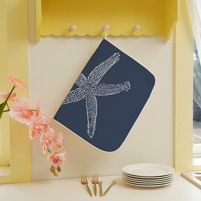 Coastal Beach Dish Drying Mat 18 x 24 inch, Summer Navy Blue Starfish - Image 5