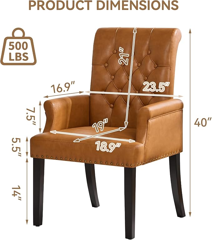 PU Leather Dining Chair with Arms, Upholstered Tufted High Back Dining Room C...