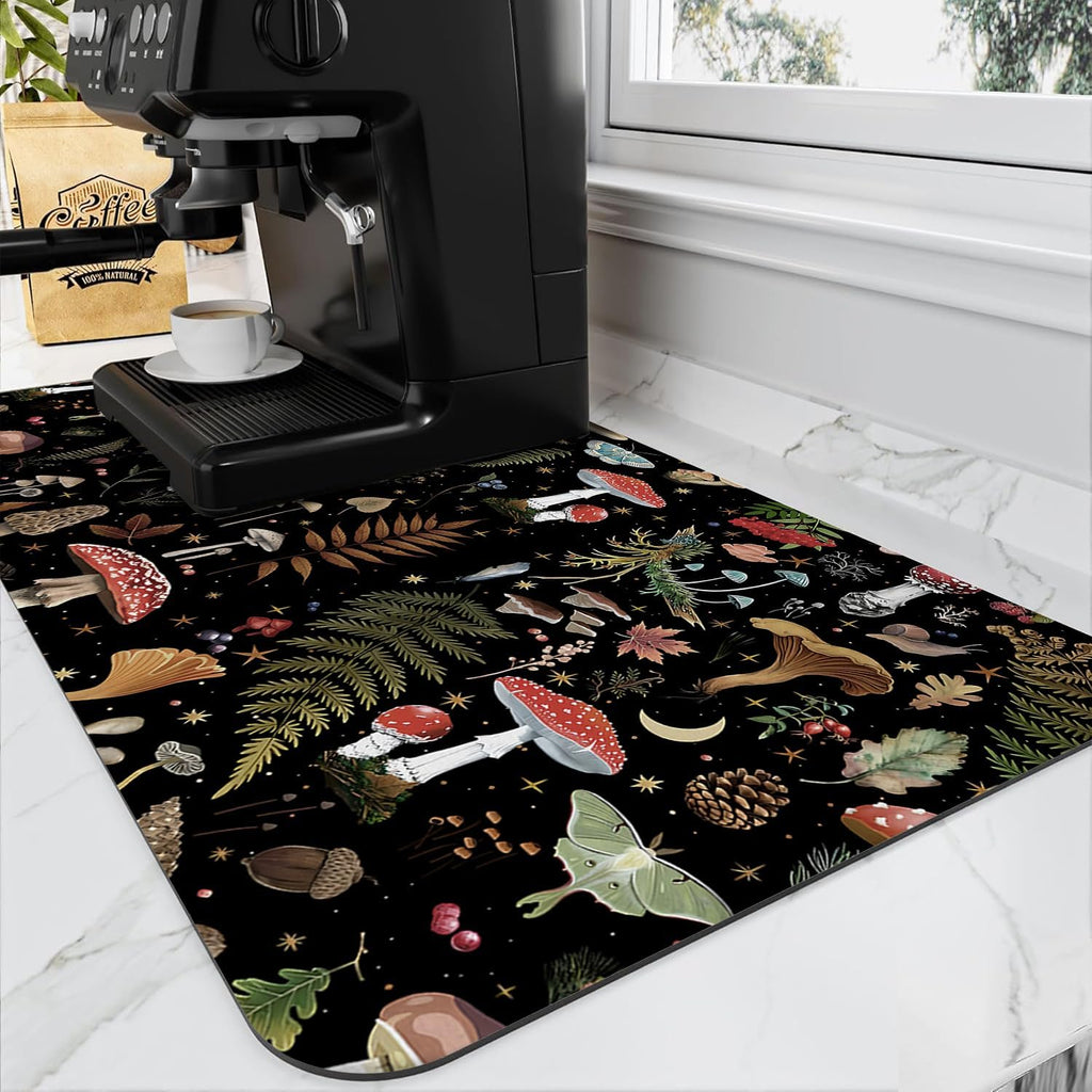 Mushroom Fern Leaves Berry Coffee Mat Dish Drying Mats, 20x12in | Vintage Botanical Nature Cafe Bar Mat Decor for Kitchen Counter, Draining Pad for Countertop, Gift Fit Under Coffee Maker