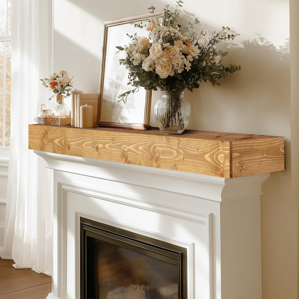 48x8x3in Rustic Fireplace Mantel Pine Wood, Natural Wood