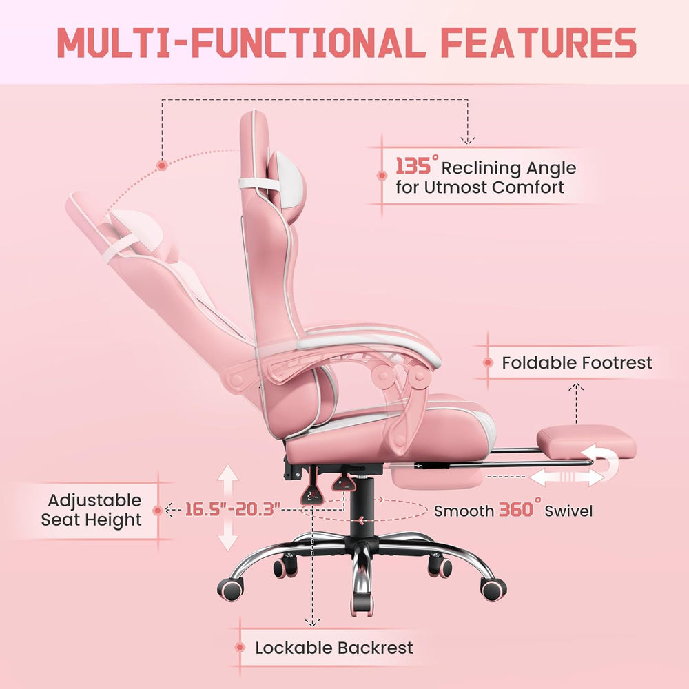 Yaheetech Gaming Chair with Footrest Massage Lumbar Pillow Pink and White