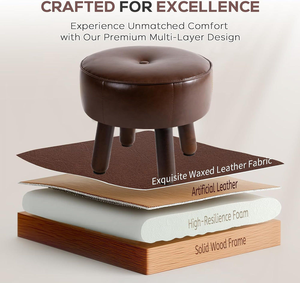 Small 13" Foot Stool Ottoman, Round Pouf Foot Rest, Faux Leather Footsto...