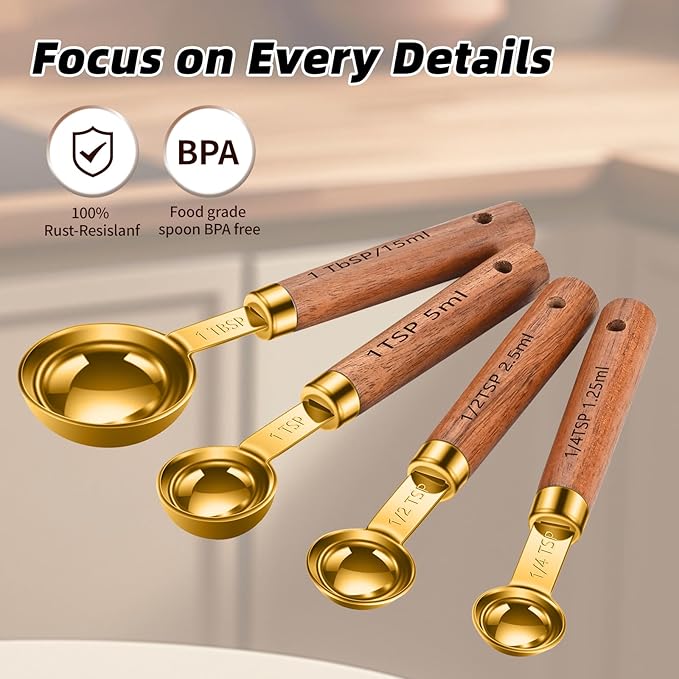 Stainless Steel Measuring Cups and Spoons Set of 8, Stackable Wooden Handle - Image 5