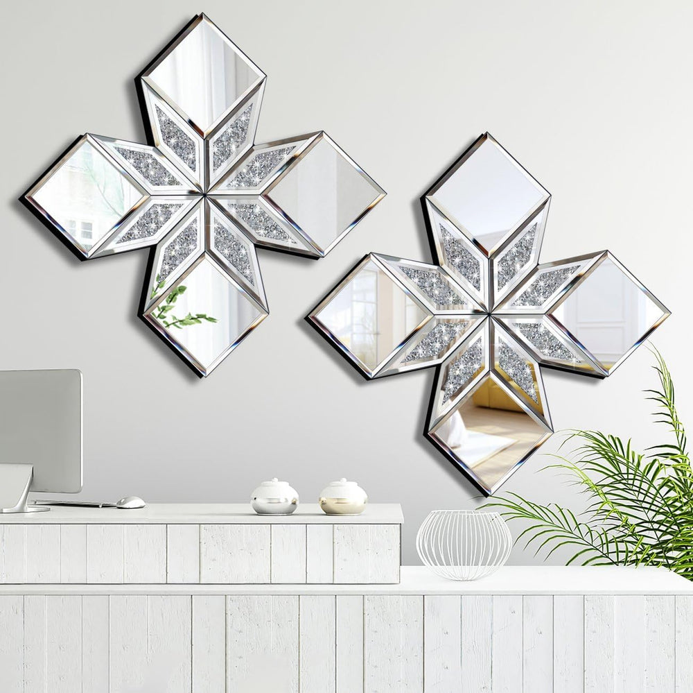 Crushed Diamond Decorative Mirror 2 Pack 16.75x16.75” Diamond Shape Glass Dec...