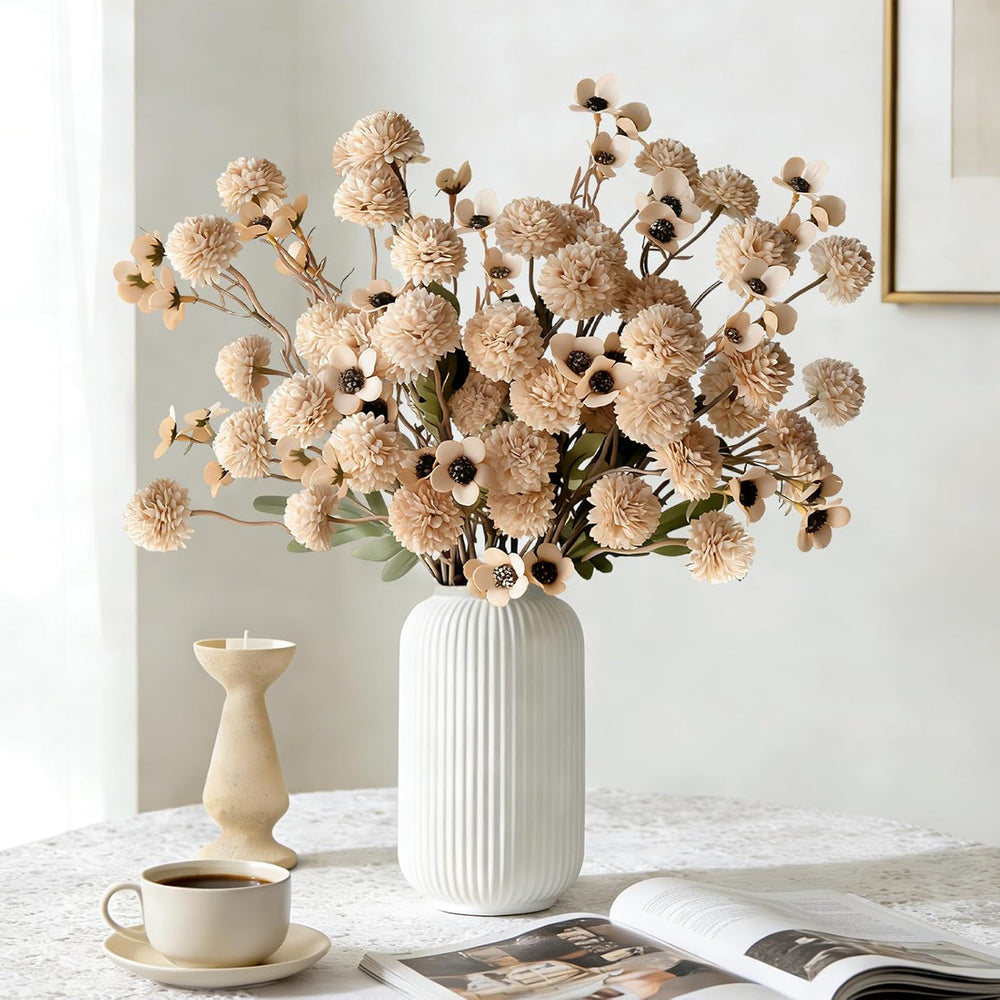12 Pcs Fake Flowers Beige Faux Pompon Mums Artificial Flowers for Vase