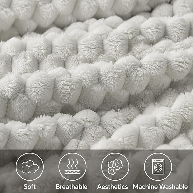 BEDELITE Fleece Blanket Twin for Bed Couch, 3D Jacquard Decorative Light Grey - Image 2