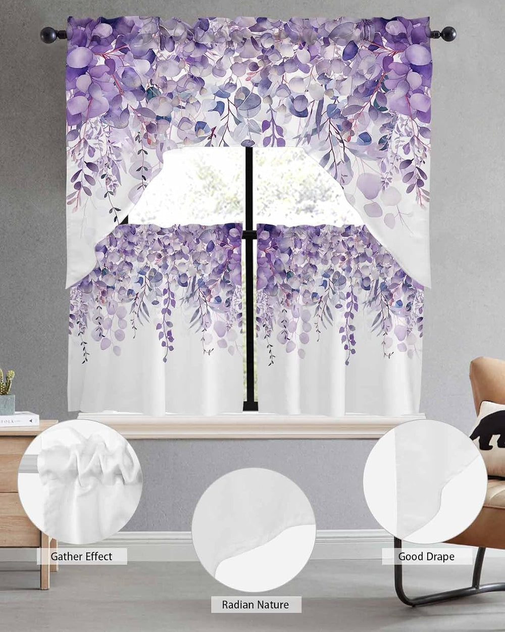 Spring Botanical Swag Curtains Valance and Tier Set, Purple Eucalyptus Leaves...