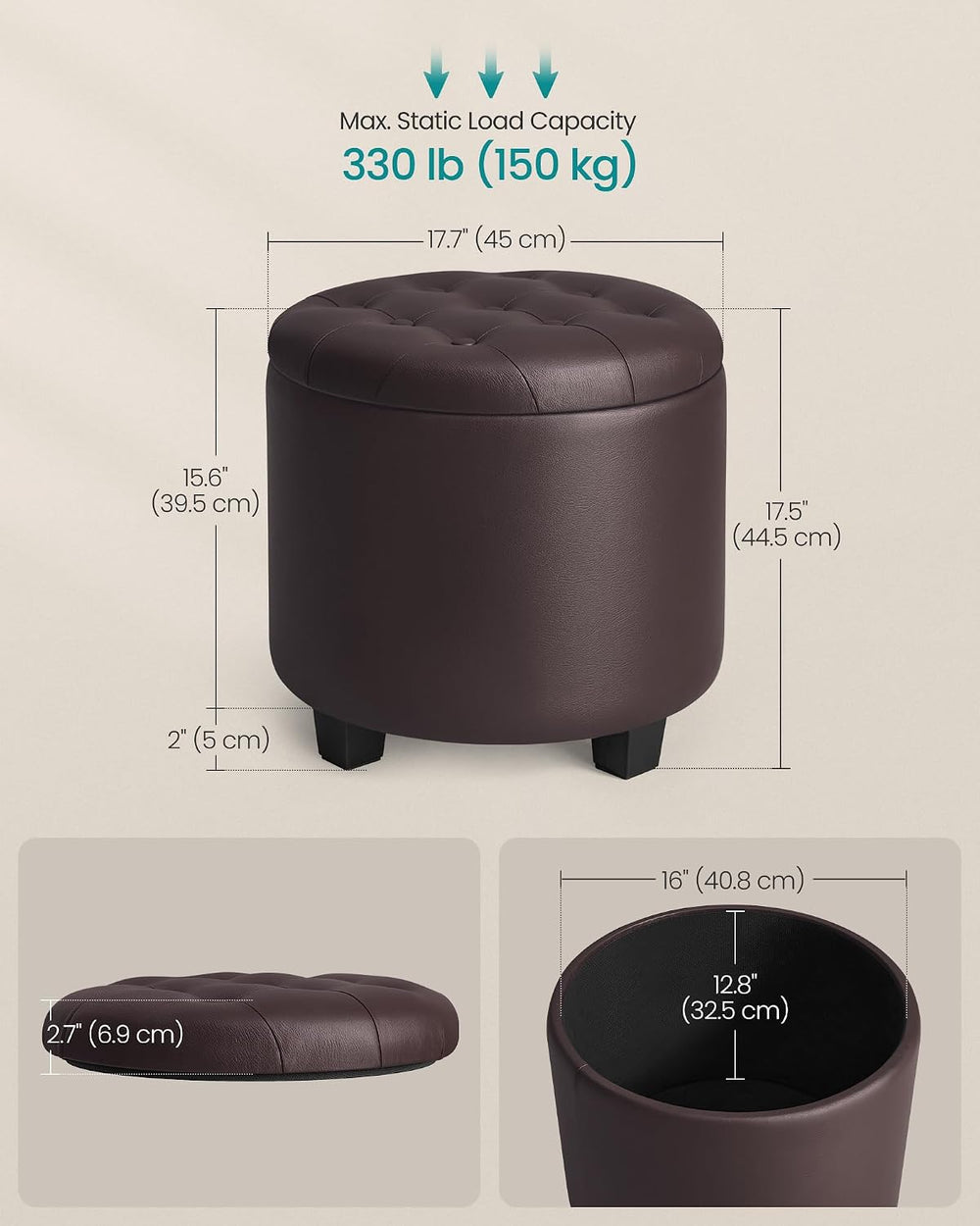 SONGMICS Round Ottoman, Ottoman with Storage, 17.7 x 17.7 x 17.5 Inches, Foot...