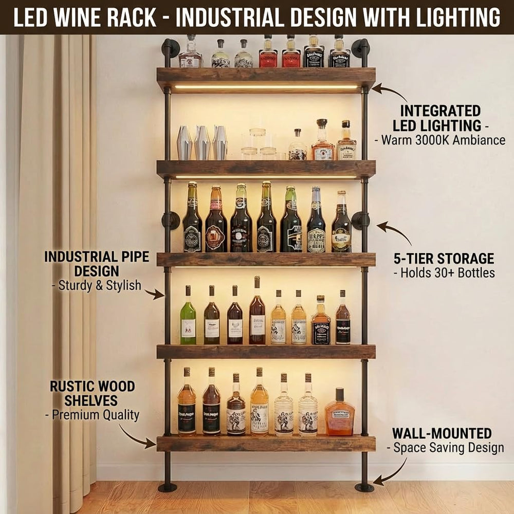 5-Tier Wall Mounted Wine Rack with LED,31.5" W x 79" H | Industrial...