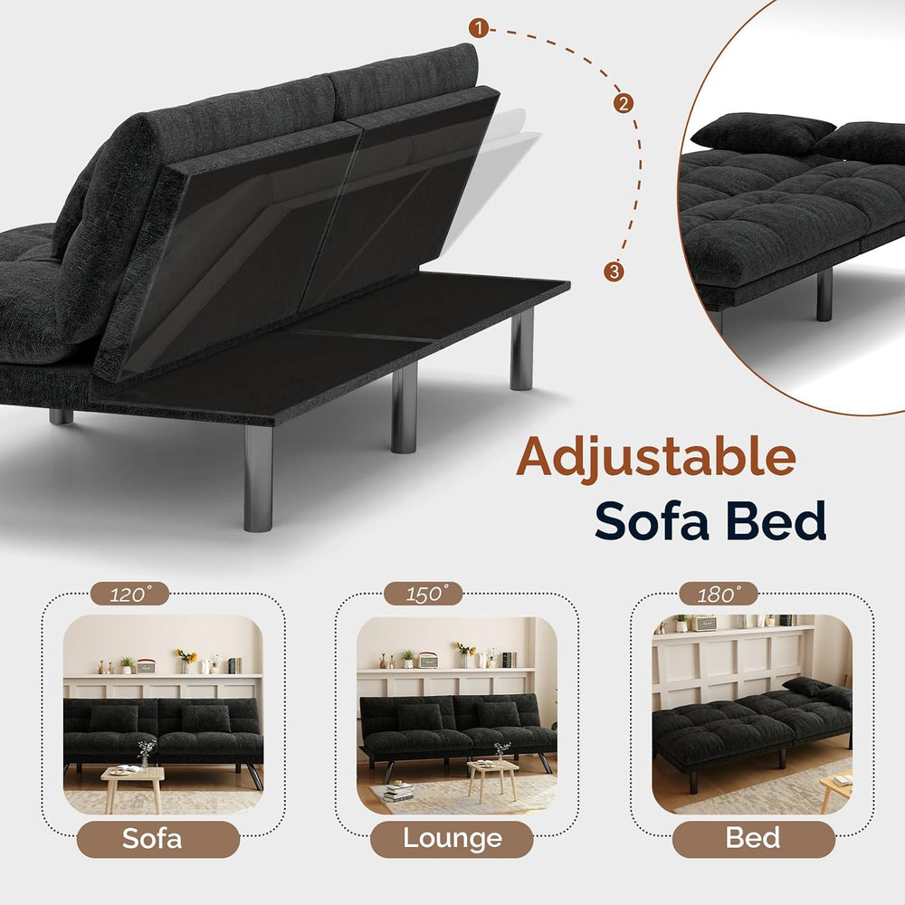 Convertible Futon Sofa Bed Chenille Fabric 70" (Black)