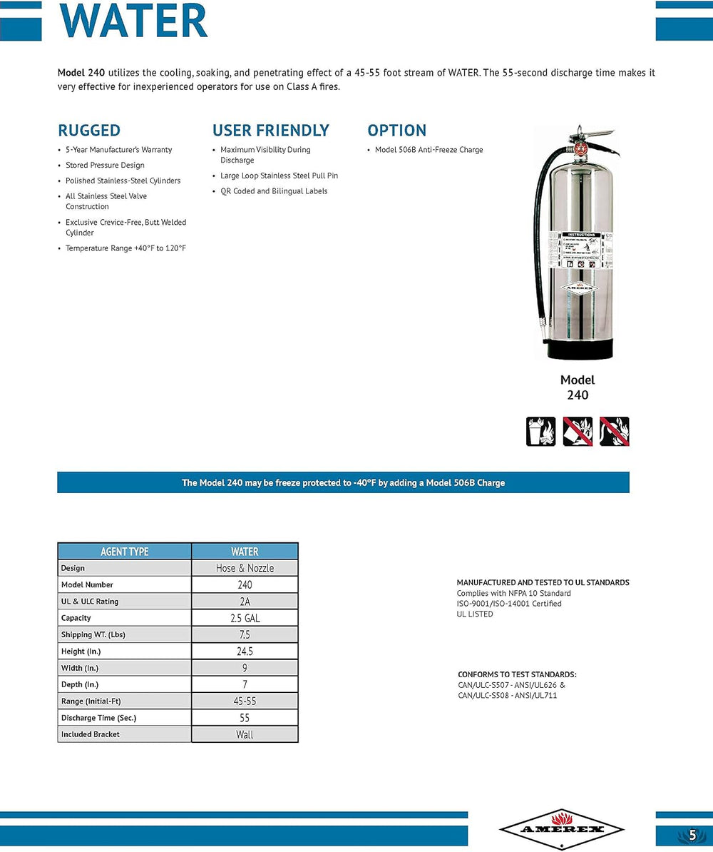 Amerex B240 Stored Pressure Water Fire Extinguisher, 2.5 Gallon for Class A F...